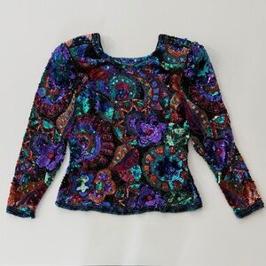 Oleg Cassini Vintage Sequin & Beaded Top  Blouse Long Sleeve | Size M | EUC